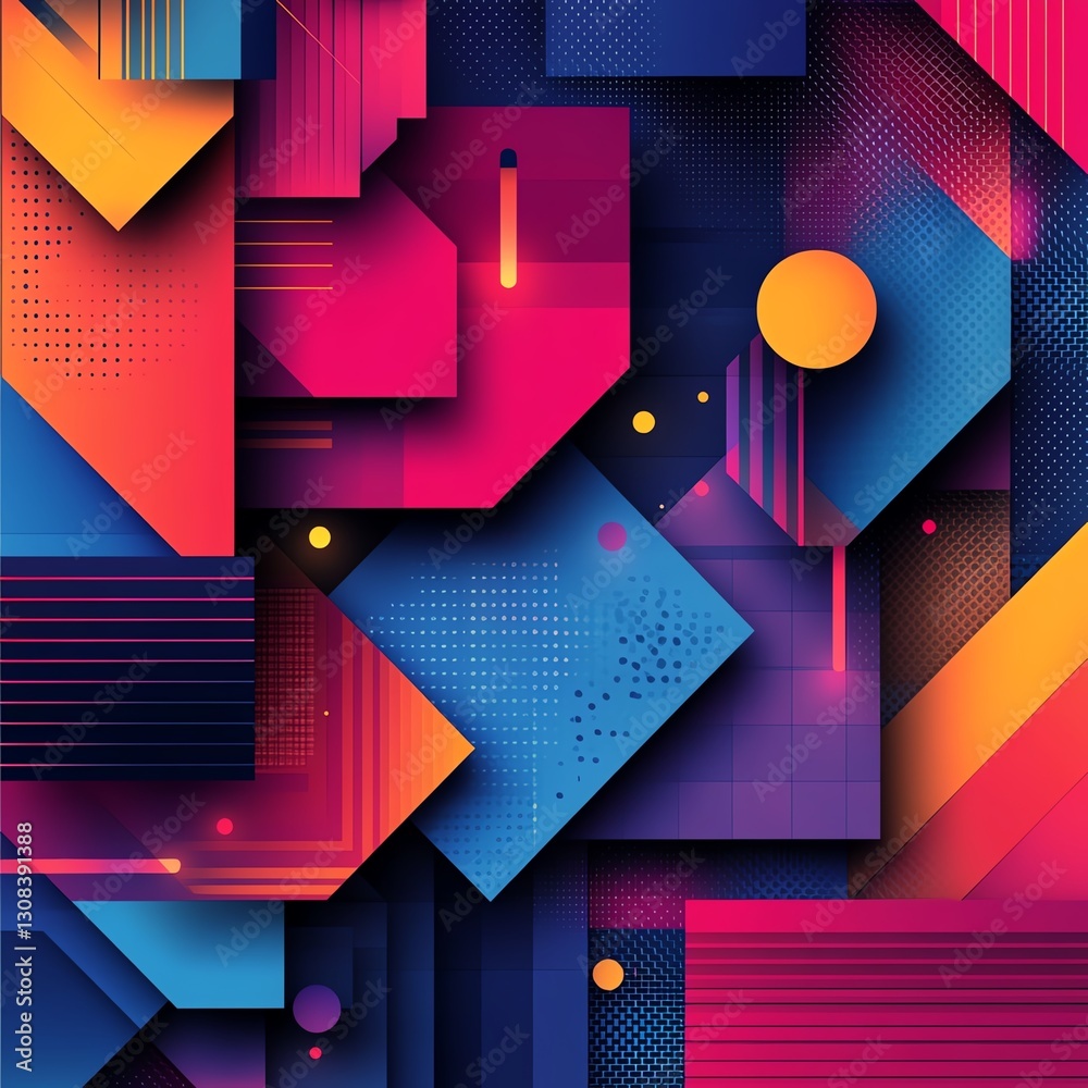 Poster abstract geometric background with layered 3d shapes, bold color contrasts, and intricate lines, evo