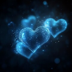 Fototapeta premium Abstract glowing blue heart shapes softly illuminated with radiant light, floating across a dark, starry backdrop, highdefinition glowing effect