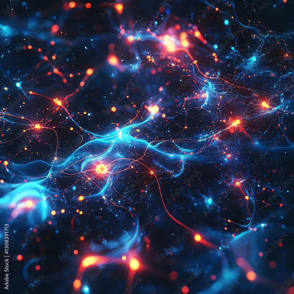 Poster Abstract neural network with vibrant glowing connections between neurons, interconnected pathways and bright neon colors, hightech brain design