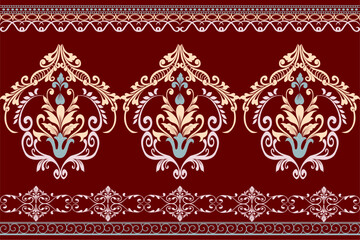 Elegant damask pattern on deep red background with intricate floral motifs and ornamental borders. Perfect for textiles, wallpaper, invitations, or luxury decor. vintage design for timeless elegaance.