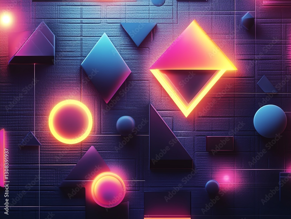 Poster Bold and vibrant abstract geometric pattern with 3D shapes and gradients, dynamic angles, illuminated by soft neon lights, futuristic design