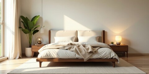 Serene Bedroom Interior Design with Minimalist Wooden Bed and Neutral Color Palette