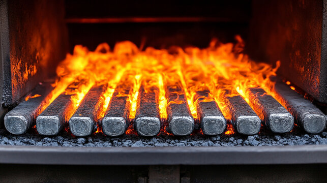 Glowing metal rods inside an industrial furnace emit intense heat, symbolizing precision engineering, transformation, and metallurgical processes in modern manufacturing and industrial advancements.

