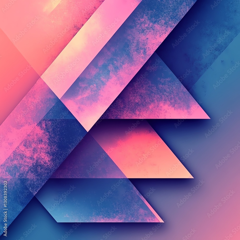 Poster colorful abstract geometric background with triangular patterns, neon blue and pink hues, intricate 