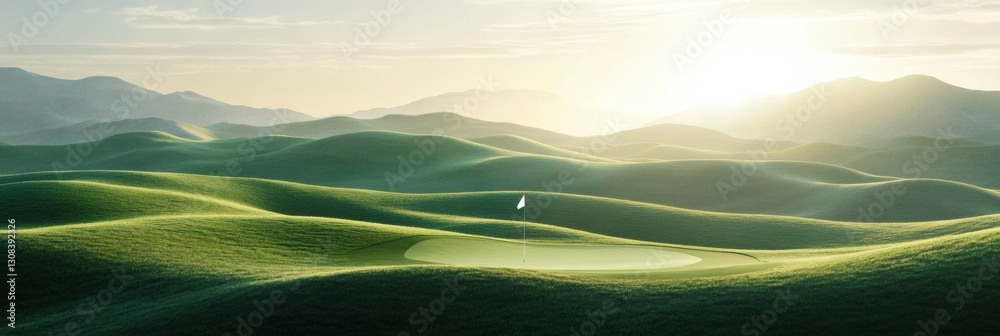 Aufkleber serene golf course with gentle rolling hills and a flag marking the hole during golden hour generati