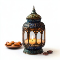 Ornate Metal Lantern with Lit Candle and Dates on White Background