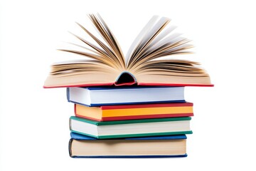 Fototapeta premium Open Book on Stack of Books - A stack of colorful books with an open book on top, symbolizing education, knowledge, learning, wisdom, and growth