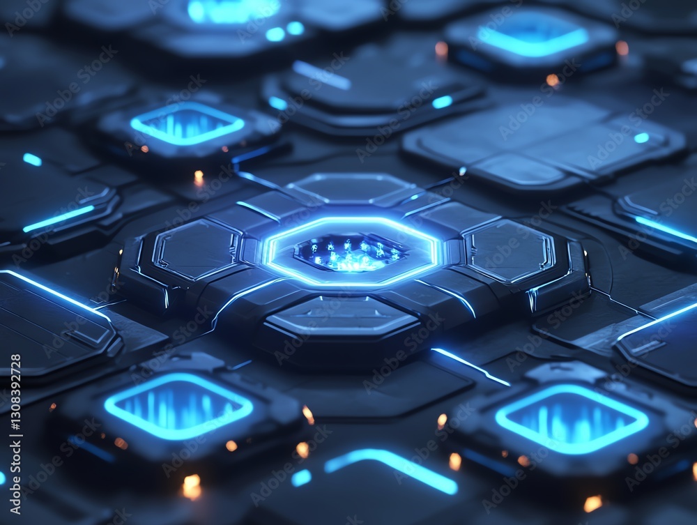 Leinwandbilder cybersecurity network with glowing blue data flow, secure communication nodes, and digital protectio