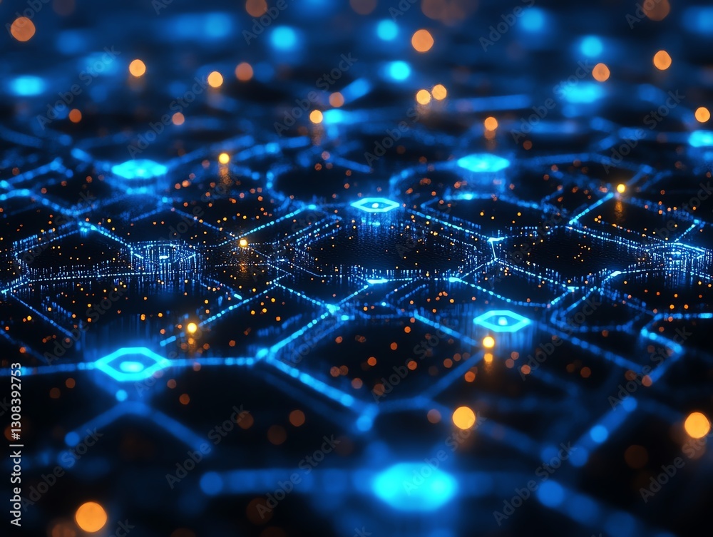 Fototapete cybersecurity network with glowing blue data flow, secure communication nodes, and digital protectio