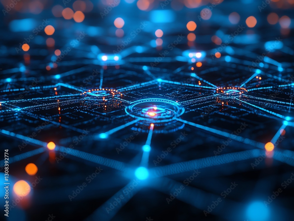 Aufkleber cybersecurity network with glowing blue data flow, secure communication nodes, and digital protectio