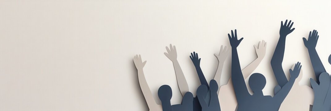Stylized silhouettes of people raising hands in unity against a modern minimalist background Generative AI