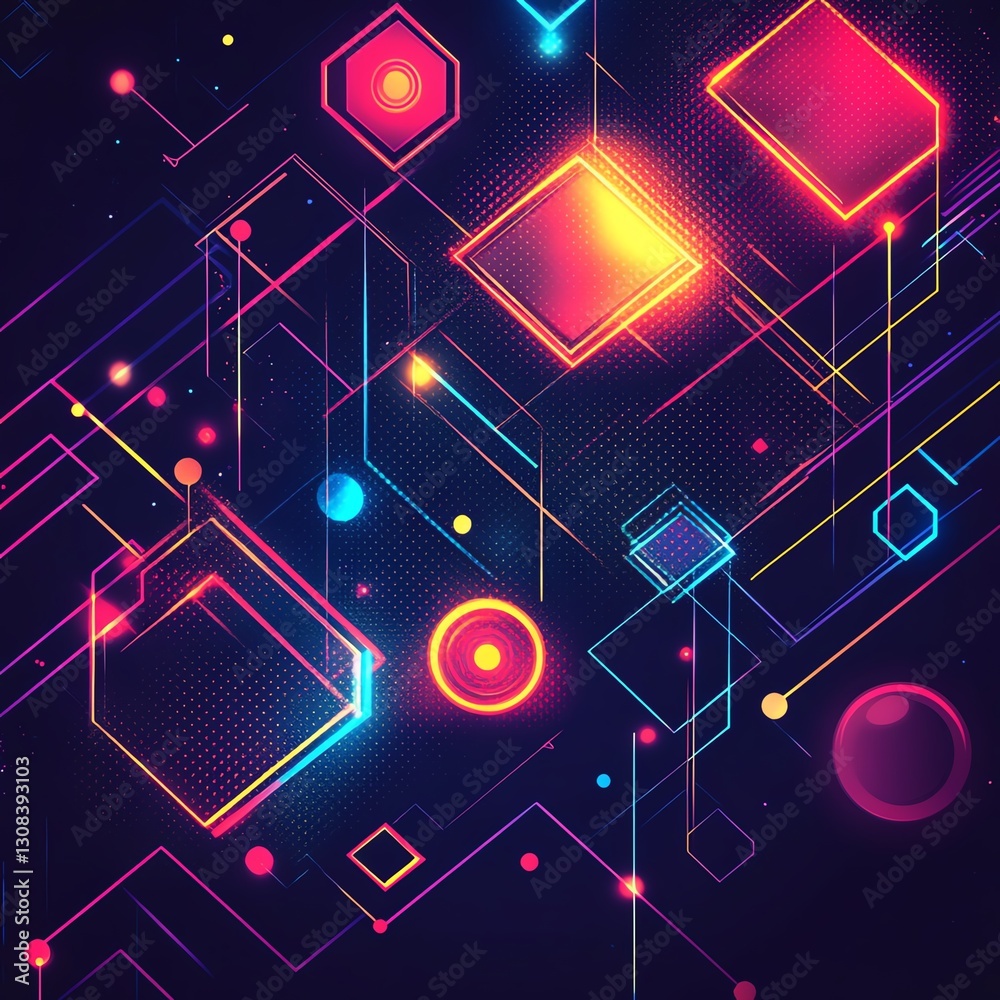Aufkleber dynamic abstract geometric background with 3d cubes, circles, and lines, glowing in bright neon colo