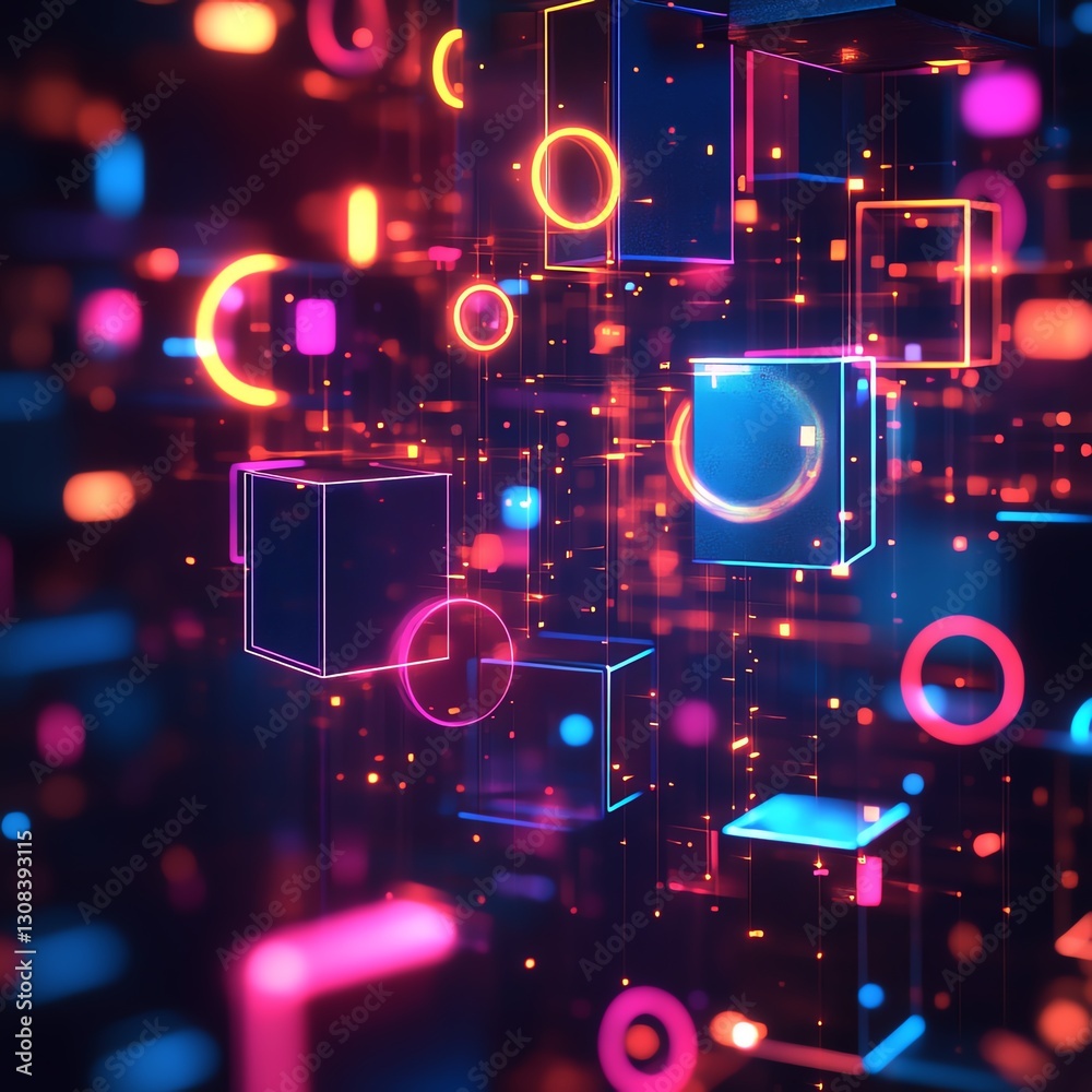 Poster dynamic abstract geometric background with 3d cubes, circles, and lines, glowing in bright neon colo