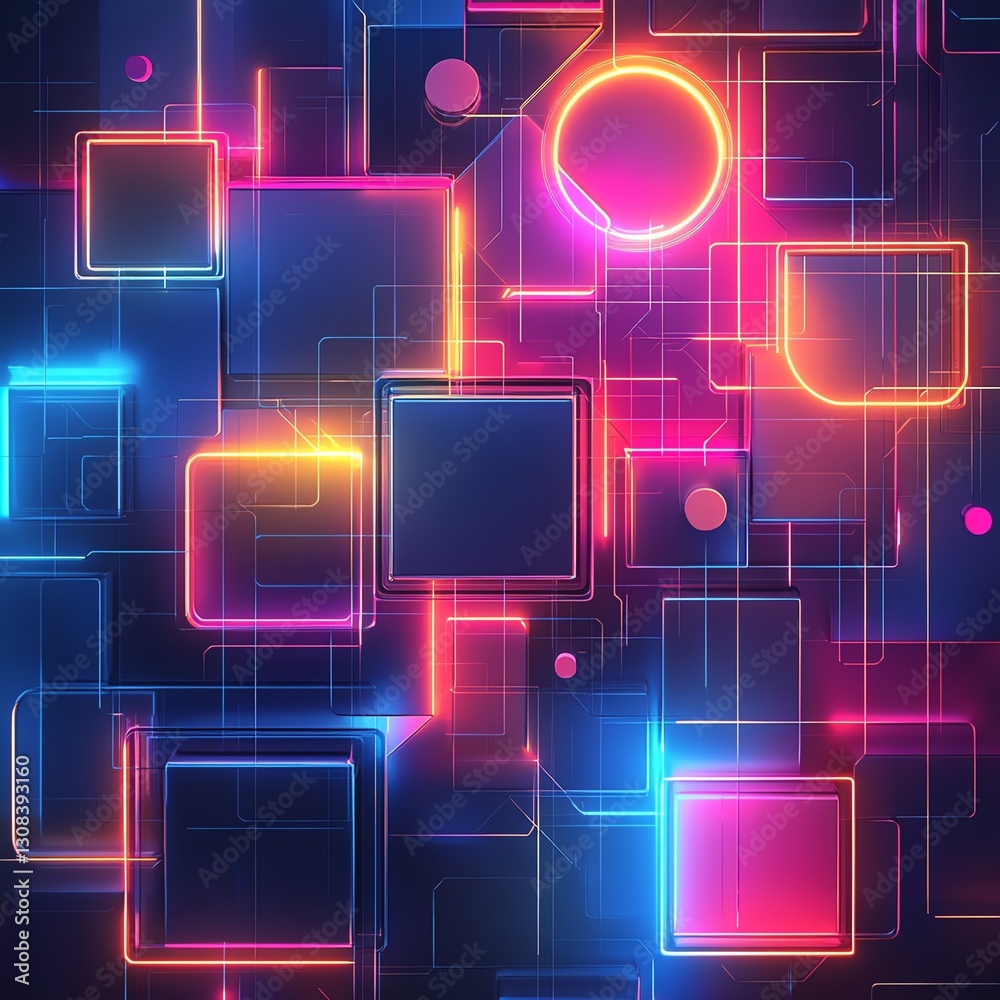 Poster dynamic abstract geometric background with 3d cubes, circles, and lines, glowing in bright neon colo