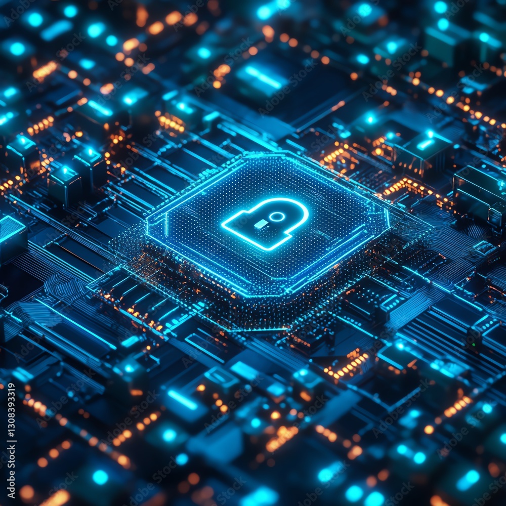 Fototapete futuristic it security concept with a glowing digital lock, secure data connections, and complex net
