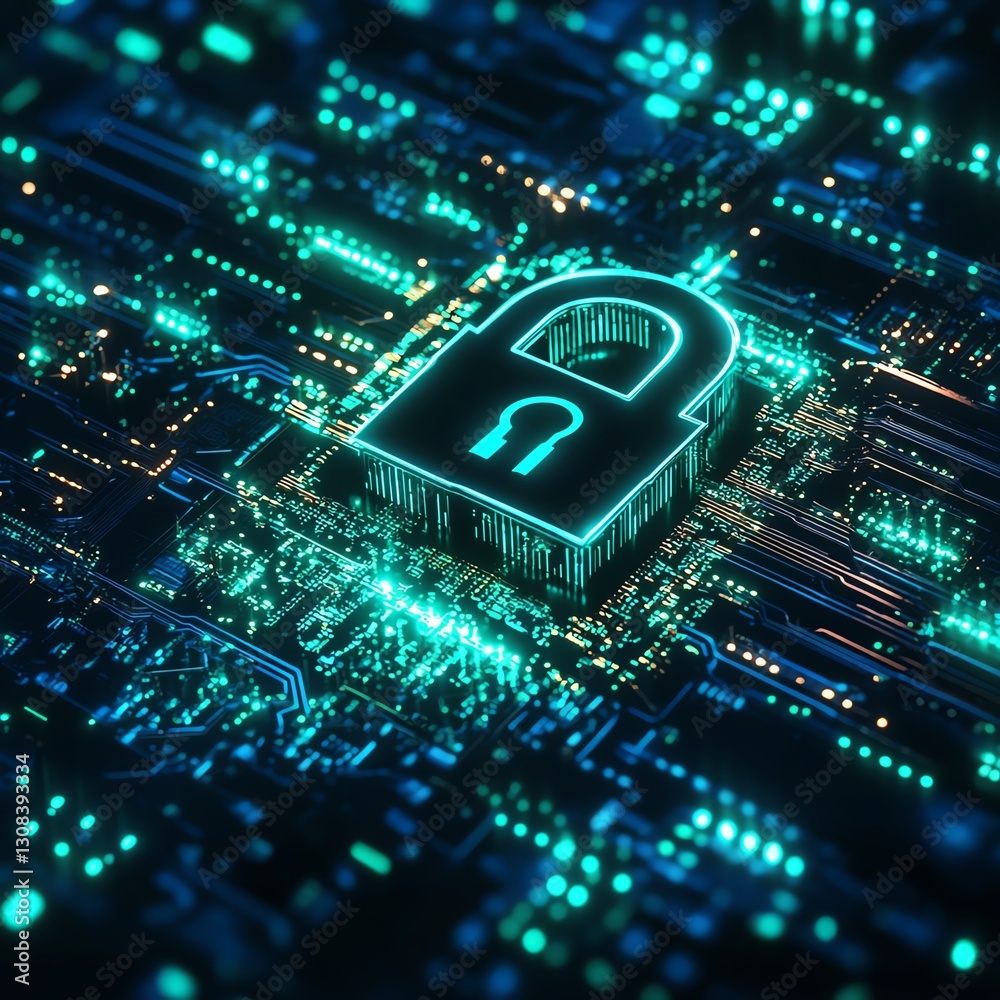 Poster futuristic it security concept with a glowing digital lock, secure data connections, and complex net