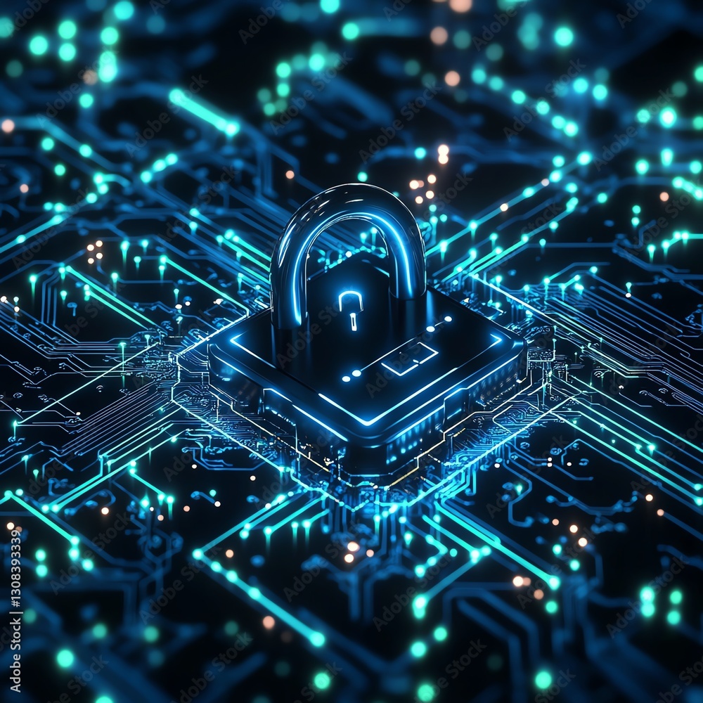 Aufkleber Futuristic IT security concept with a glowing digital lock, secure data connections, and complex network grids, neon blue and green tones, modern tech look