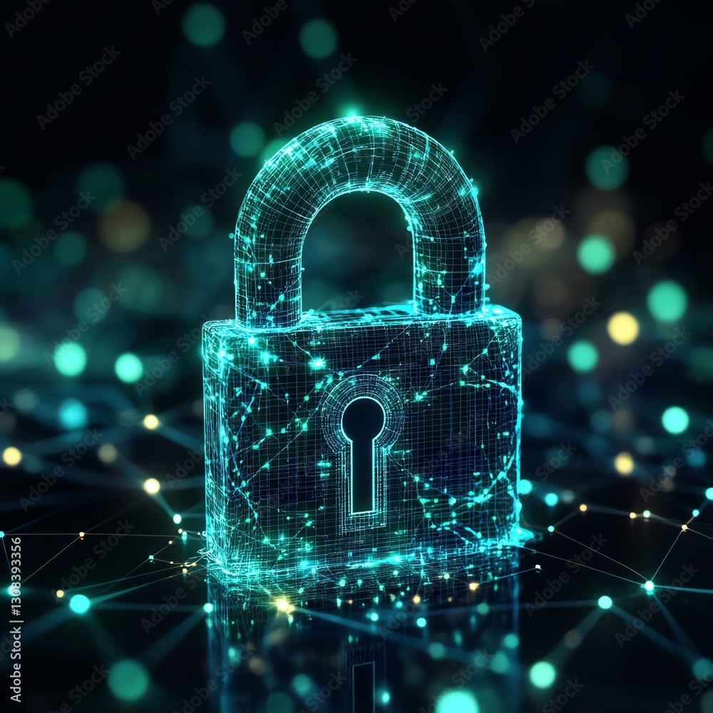 Poster futuristic it security concept with a glowing digital lock, secure data connections, and complex net