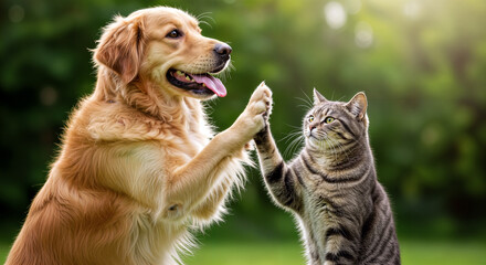 Dog and cat giving a high-five, friendship concept