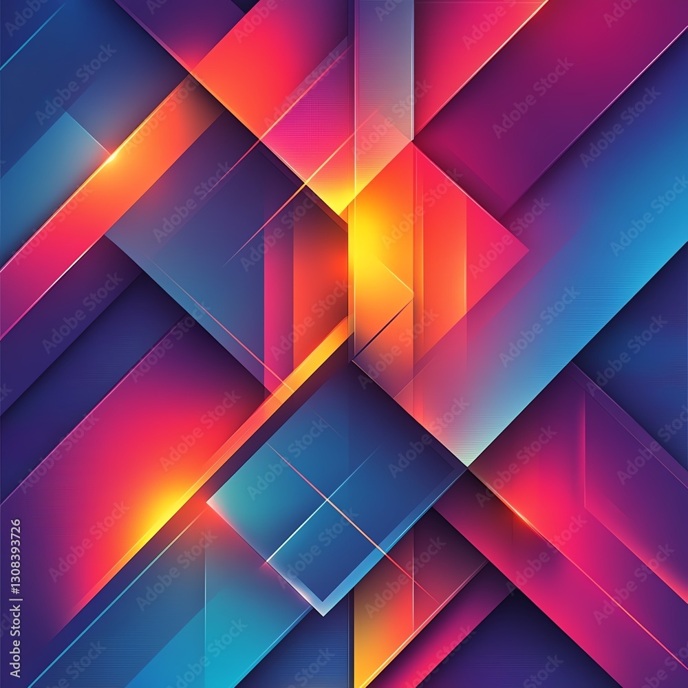Leinwandbilder Geometric abstract background with vibrant colors and interlocking shapes, neon gradients blending into sharp edges, creating a modern and energetic visual