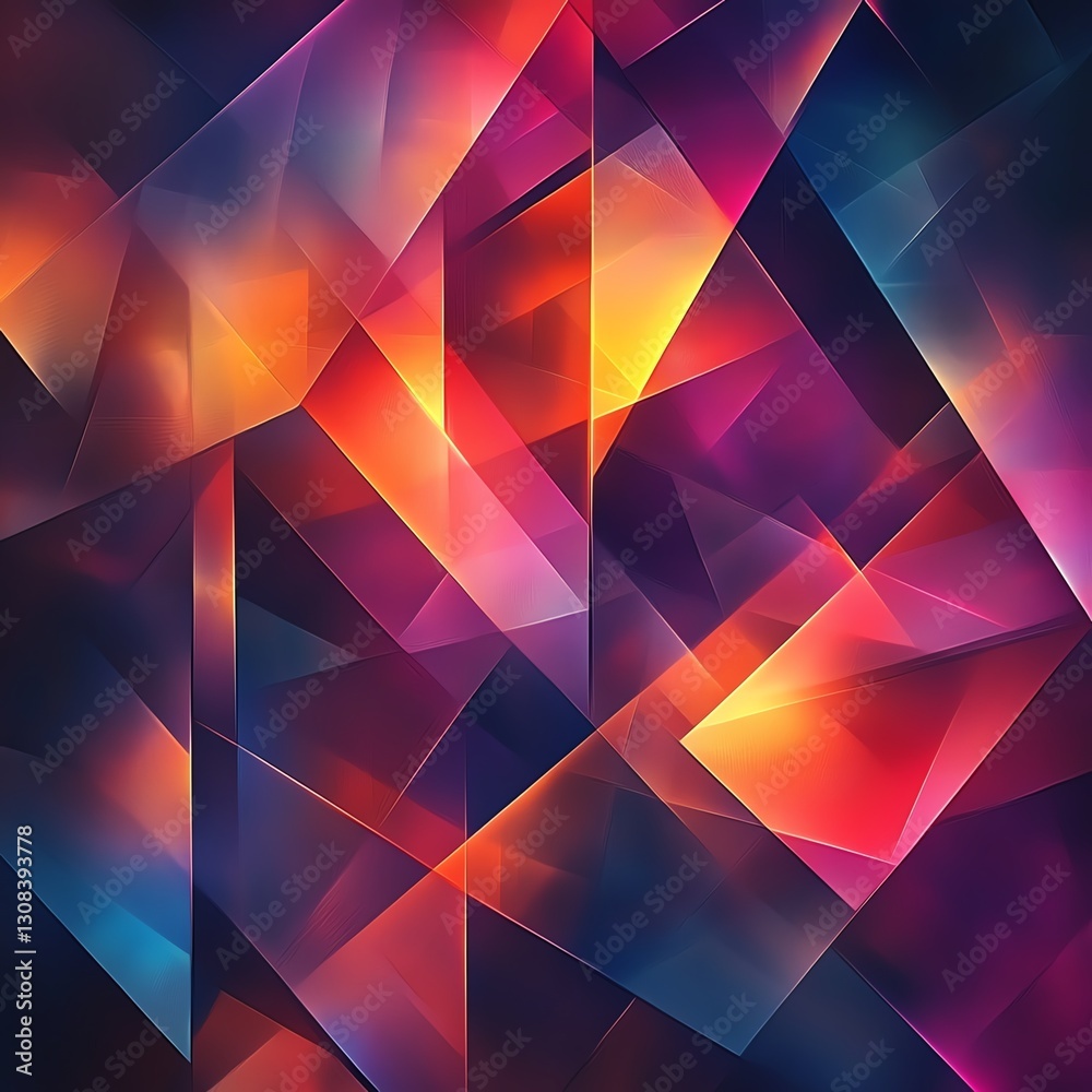 Leinwandbilder Geometric abstract background with vibrant colors and interlocking shapes, neon gradients blending into sharp edges, creating a modern and energetic visual