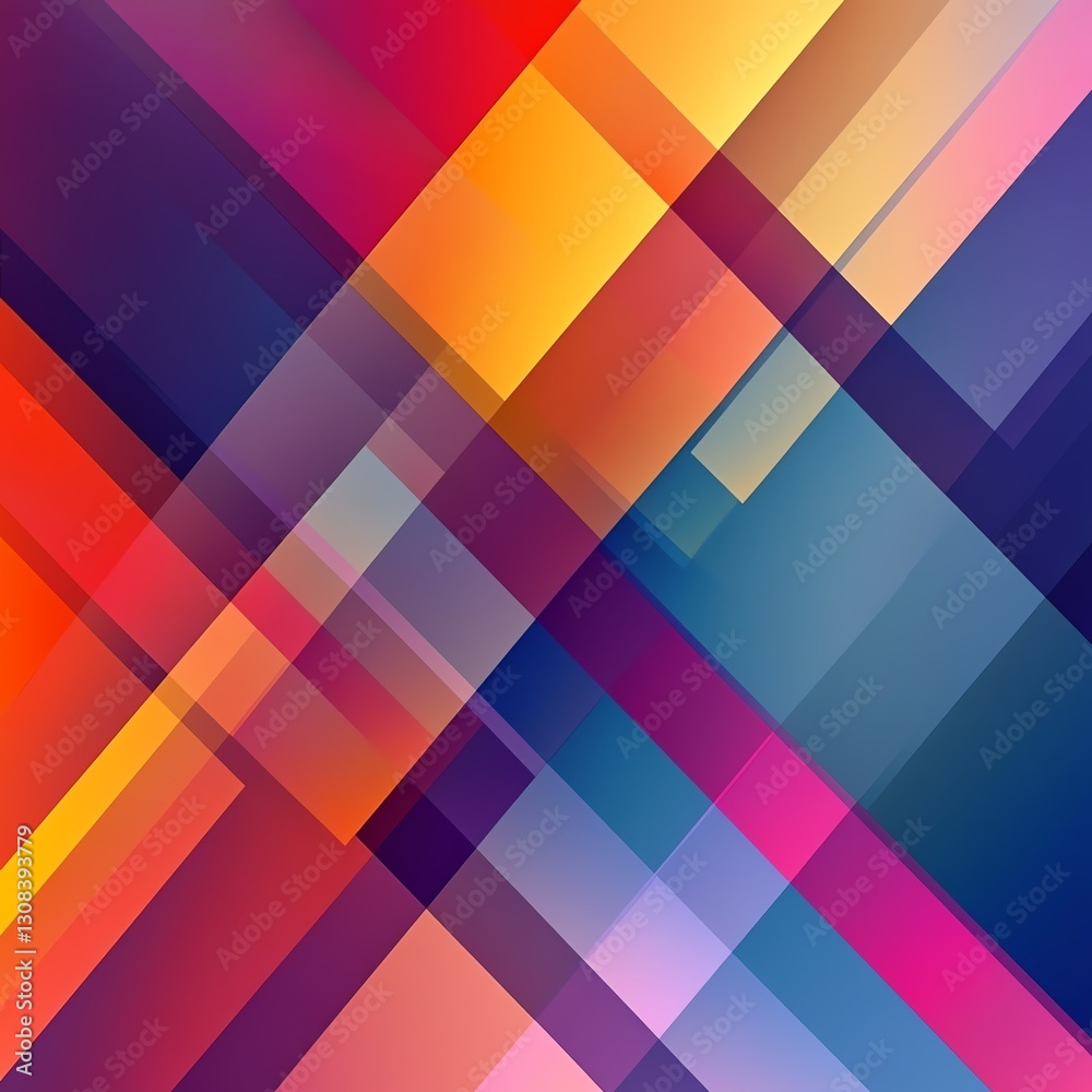 Poster Geometric abstract background with intersecting lines, angular shapes, and a gradient of bold colors, creating a sharp, energetic composition