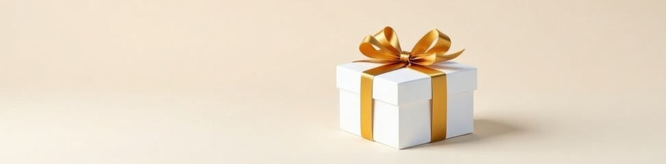 Fototapeta premium Elegant white gift box with golden ribbon bow, isolated , celebration, isolated