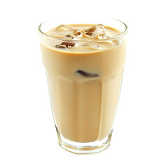 Iced latte in a clear glass with ice cubes.