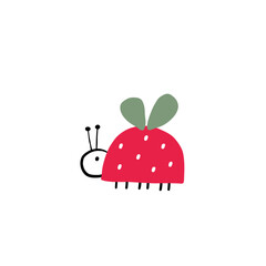 Cute Strawberry and insects print. Print with berry. Natural sweet food. Summer fruit background for fabric, textile, wrapping paper, wallpaper. Flat vector illustration