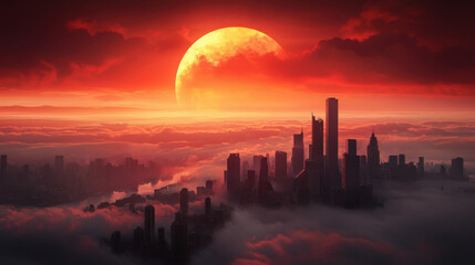 Enchanting city in the clouds surrounded by ethereal mist and soft light representing a dreamlike urban landscape