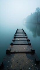 Obraz premium Misty river, aged wooden pier, stone base, long exposure, serene, dark