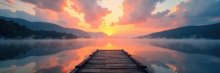 Obraz premium Misty sunrise over lake, clouds mirrored, tranquil dock scene , serene, quiet, nature