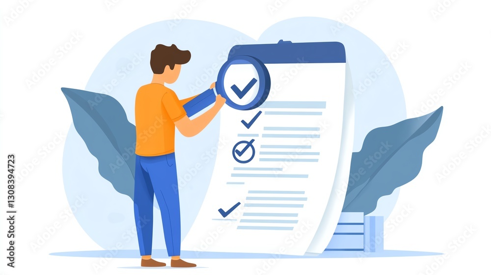 Poster Professional inspecting a document with a checkmark, representing quality control, auditing, and compliance in the document review and business workflow management