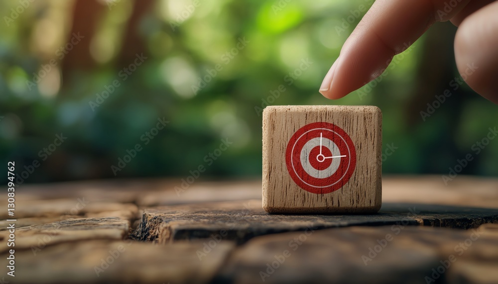 Poster strategic planning and growth concept, individual pointing at a wooden block with red dartboard icon