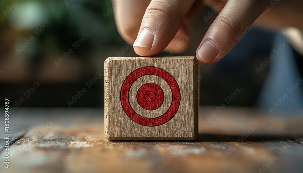 Aufkleber strategic planning and growth concept, individual pointing at a wooden block with red dartboard icon