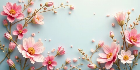 Fototapeta premium Delicate Pink Blossoms Arranged in a Romantic Floral Frame on a Pastel Blue Background