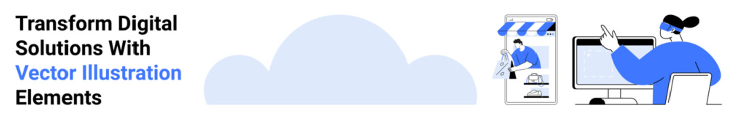 Cloud backdrop links online store and designer editing on monitor with stylus. Ideal for e-commerce, creativity, teamwork, design, innovation, tech solutions, flat landing page banner