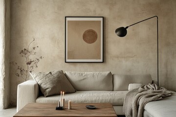 Minimalist beige living room featuring a large framed artwork, a light beige sofa, a wooden coffee table, and a floor lamp.