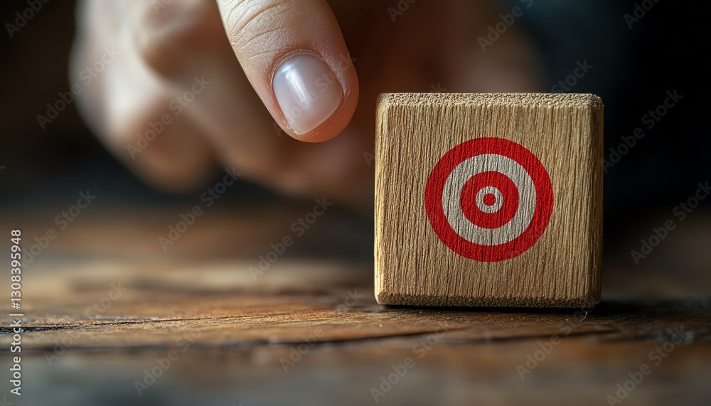 Poster business goals and growth strategy, person pointing at wooden block with a red dartboard icon, repre