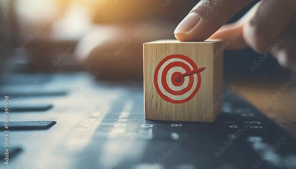 Poster business goals and growth strategy, person pointing at wooden block with a red dartboard icon, repre