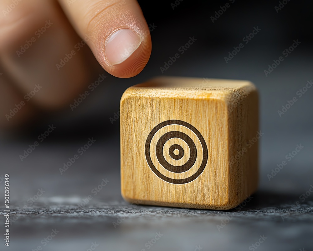 Poster Businessperson pointing at a wooden block with a red dartboard icon symbolizing business target goals, illustrating teamwork, strategic planning, and growth