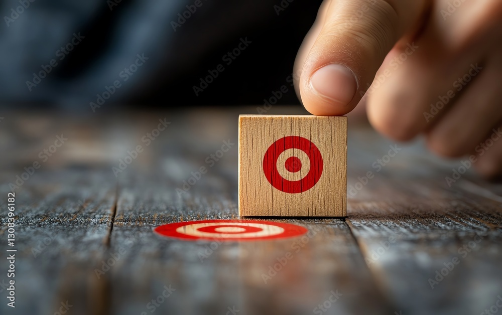 Aufkleber businessperson pointing at a wooden block with a red dartboard icon symbolizing business target goal