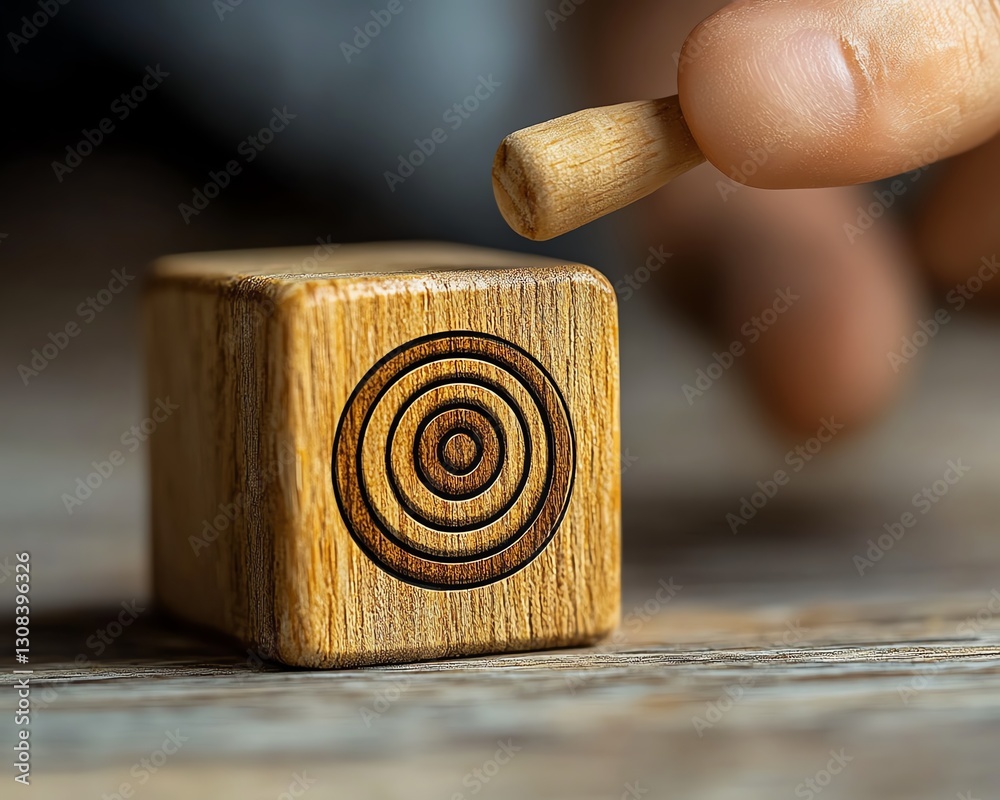 Poster Businessperson pointing at a wooden block with a red dartboard icon symbolizing business target goals, illustrating teamwork, strategic planning, and growth