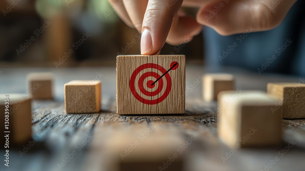 Poster Businessperson pointing at a wooden block with a red dartboard icon symbolizing business target goals, illustrating teamwork, strategic planning, and growth