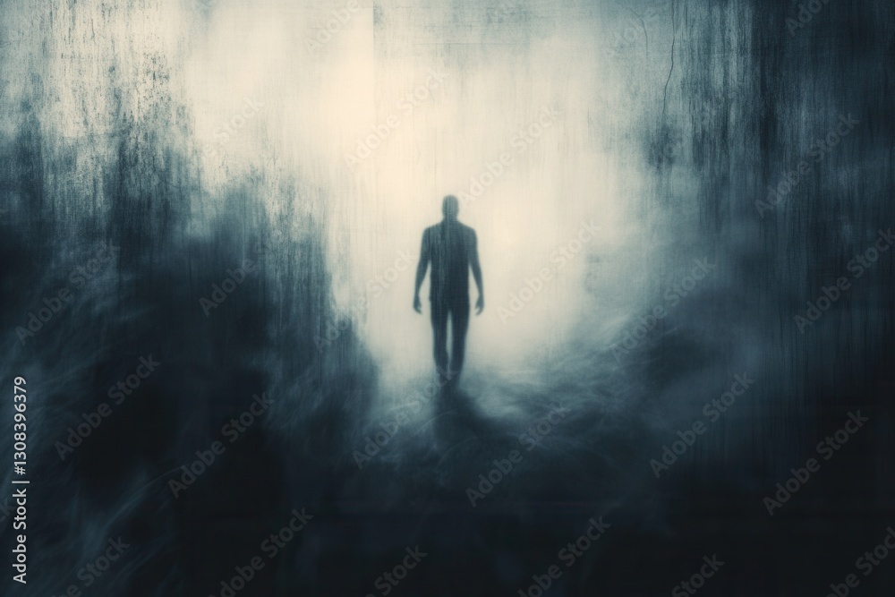 Poster Mysterious silhouette emerging through dark, blurred shadows in an abstract representation of fear Generative AI