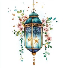 Teal and Gold Ornate Lantern with Pink Flowers and Stars Watercolor Painting