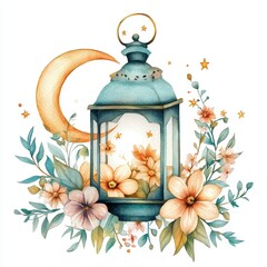Teal Lantern with Floral Watercolor Design and Crescent Moon