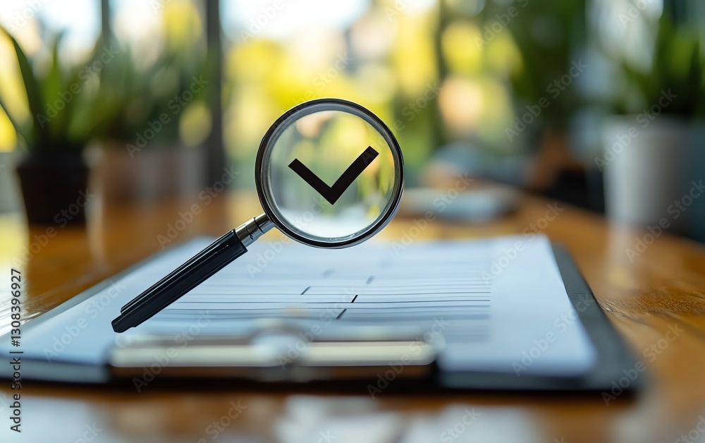 Fototapete document with a checkmark symbolizing quality control, auditing, and compliance, highlighting the do