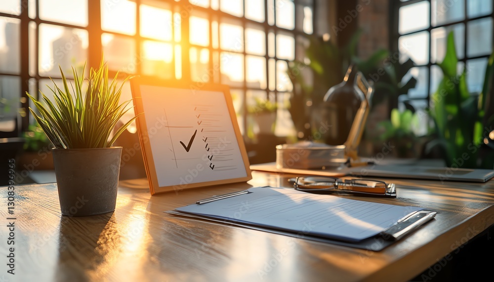 Poster Document with checkmark for quality control, focusing on auditing and compliance in document review and process management in a business setting