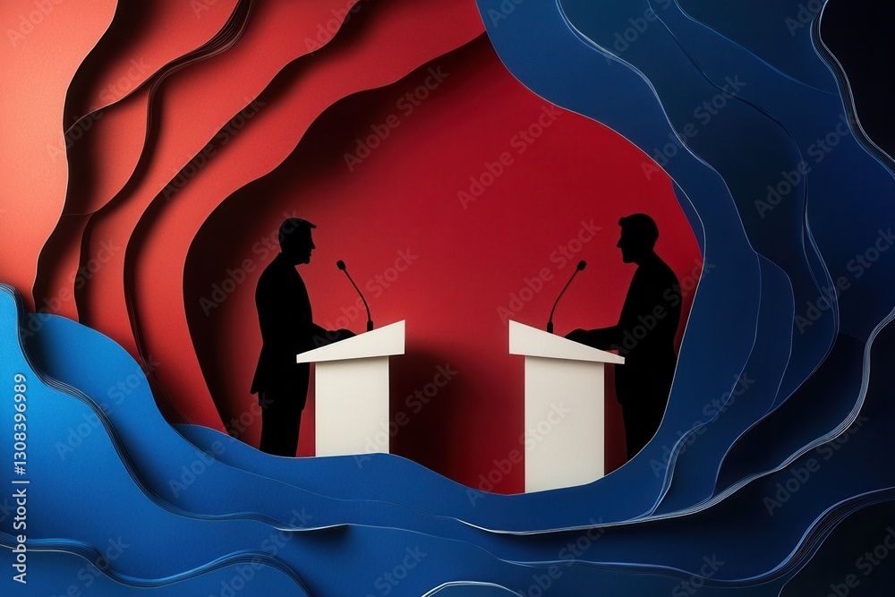 Leinwandbilder engaging political debate visual with silhouetted figures behind podiums and dynamic paper art backg